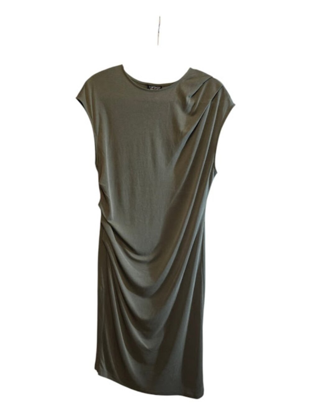 LIGHT OLIVE TOPSHOP MIDI DRESS ASYMMETRICAL HEM RUCHED SIZE 12 MODAL BLEND